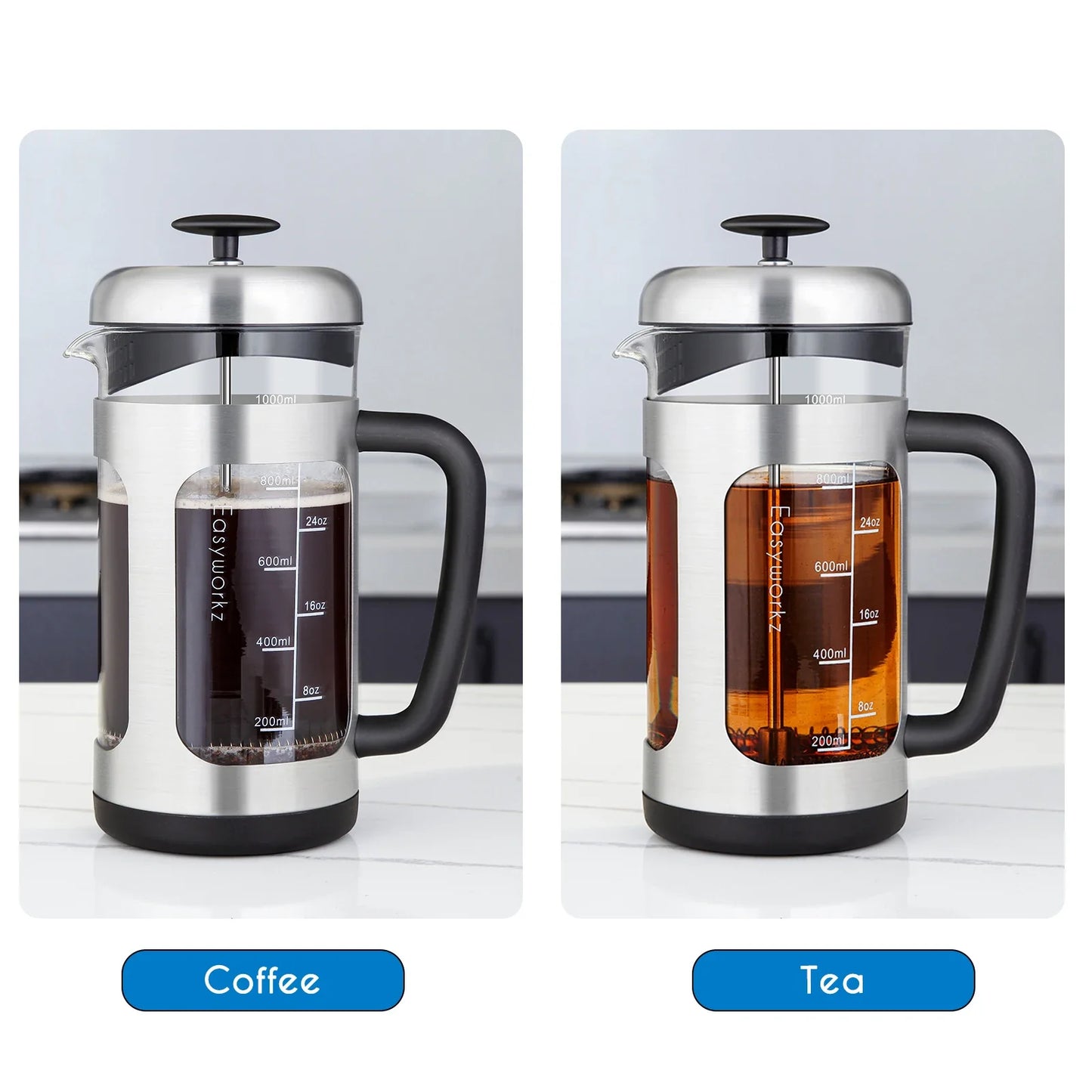 French Press Coffee Tea Maker with Borosilicate Glass,Soft Grip Handle