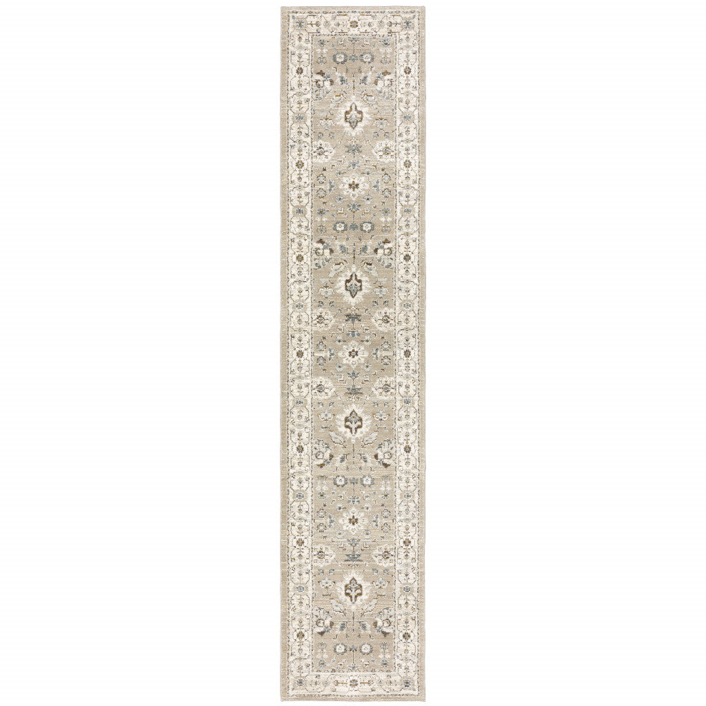12' Beige And Ivory Oriental Runner Rug