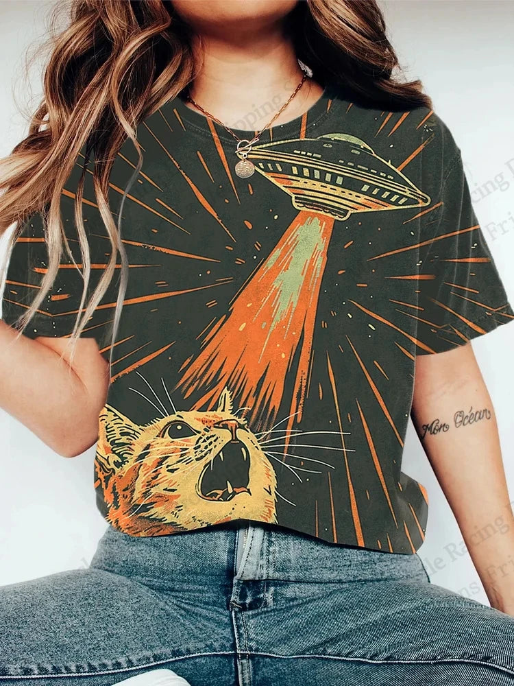 Women's T-Shirt 3D Vintage Cat Print T-shirt Women Fashion Casual Short Sleeve T-Shirt Women Clothing Funny Cartoon Animal Tops