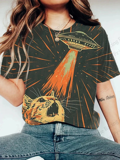 Women's T-Shirt 3D Vintage Cat Print T-shirt Women Fashion Casual Short Sleeve T-Shirt Women Clothing Funny Cartoon Animal Tops