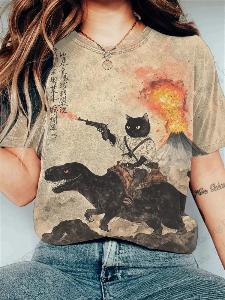 Women's T-Shirt 3D Vintage Cat Print T-shirt Women Fashion Casual Short Sleeve T-Shirt Women Clothing Funny Cartoon Animal Tops