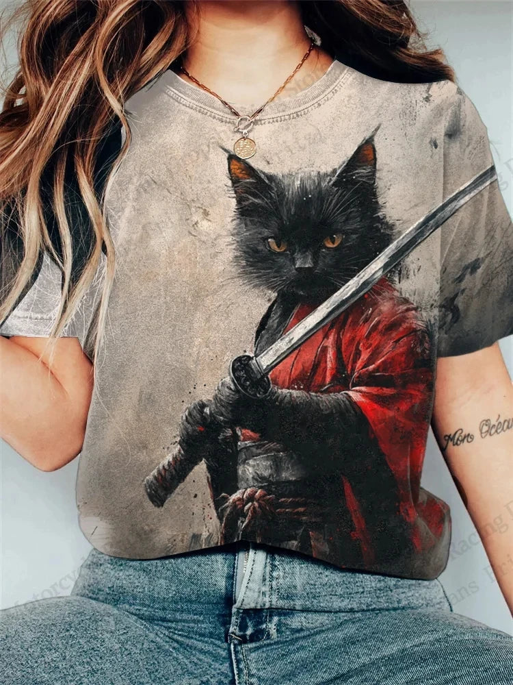 Women's T-Shirt 3D Vintage Cat Print T-shirt Women Fashion Casual Short Sleeve T-Shirt Women Clothing Funny Cartoon Animal Tops