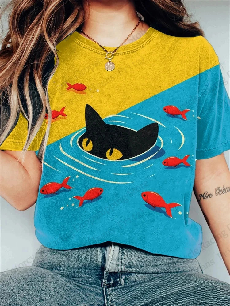 Women's T-Shirt 3D Vintage Cat Print T-shirt Women Fashion Casual Short Sleeve T-Shirt Women Clothing Funny Cartoon Animal Tops