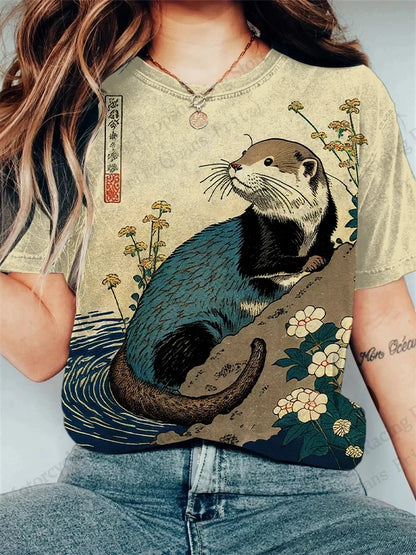 Women's T-Shirt 3D Vintage Cat Print T-shirt Women Fashion Casual Short Sleeve T-Shirt Women Clothing Funny Cartoon Animal Tops